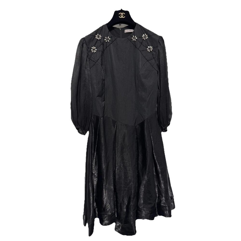 Sophie Marand Dress Womens 38 Black Beaded Rhinestone Puff Sleeve Party A-Line